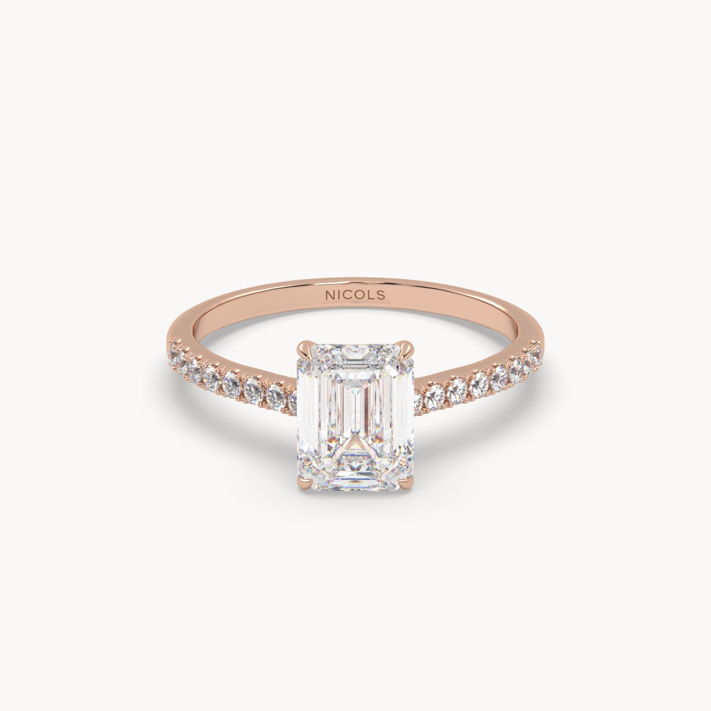 18k rose gold  petite pavé cathedral engagement ring for 1.5 ct emerald cut diamond