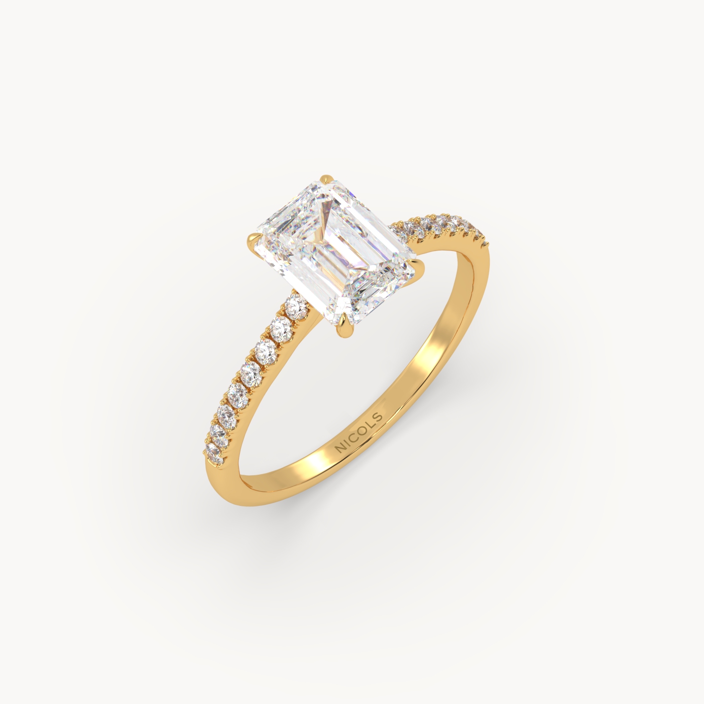 18k yellow gold  petite pavé cathedral engagement ring for 1.5 ct emerald cut diamond