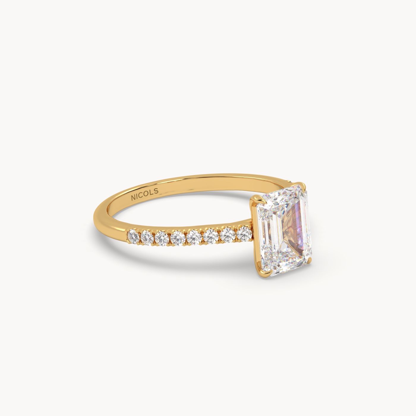 18k yellow gold  petite pavé cathedral engagement ring for 1.5 ct emerald cut diamond