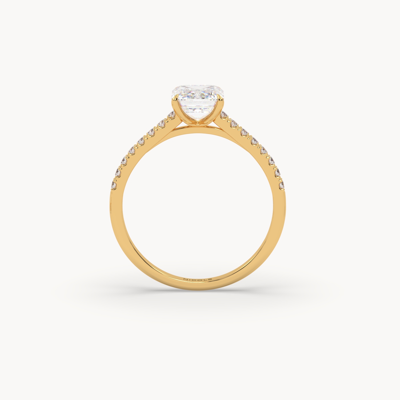 18k yellow gold  petite pavé cathedral engagement ring for 1.5 ct emerald cut diamond