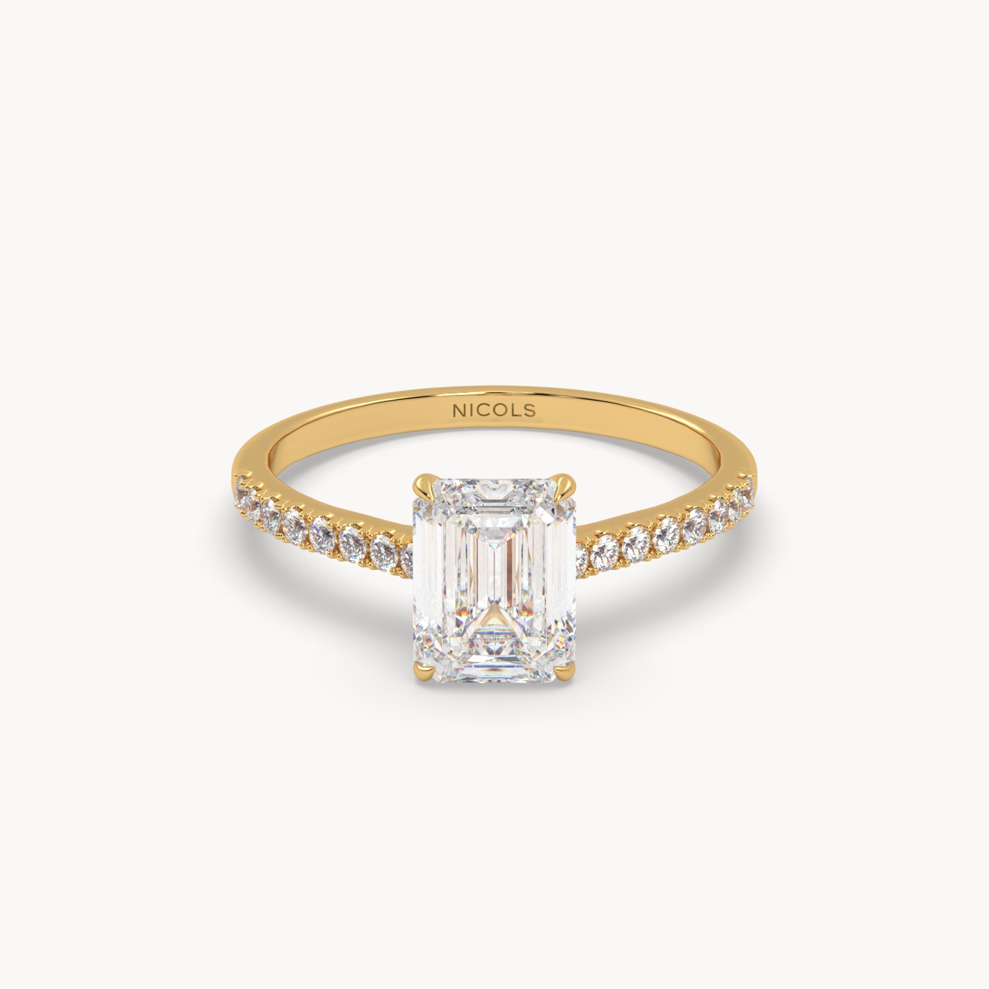 18k yellow gold  petite pavé cathedral engagement ring for 1.5 ct emerald cut diamond