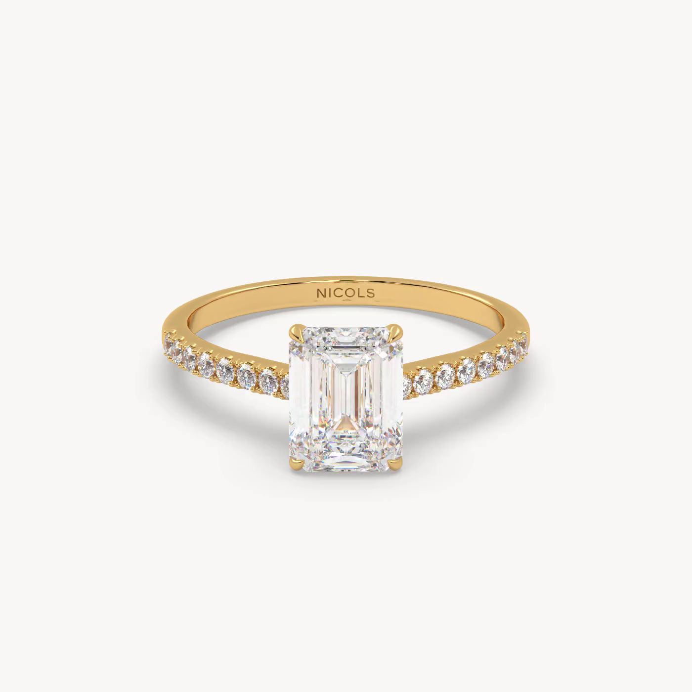 18k white gold  petite pavé cathedral engagement ring for 1.5 ct emerald cut diamond Photos & images