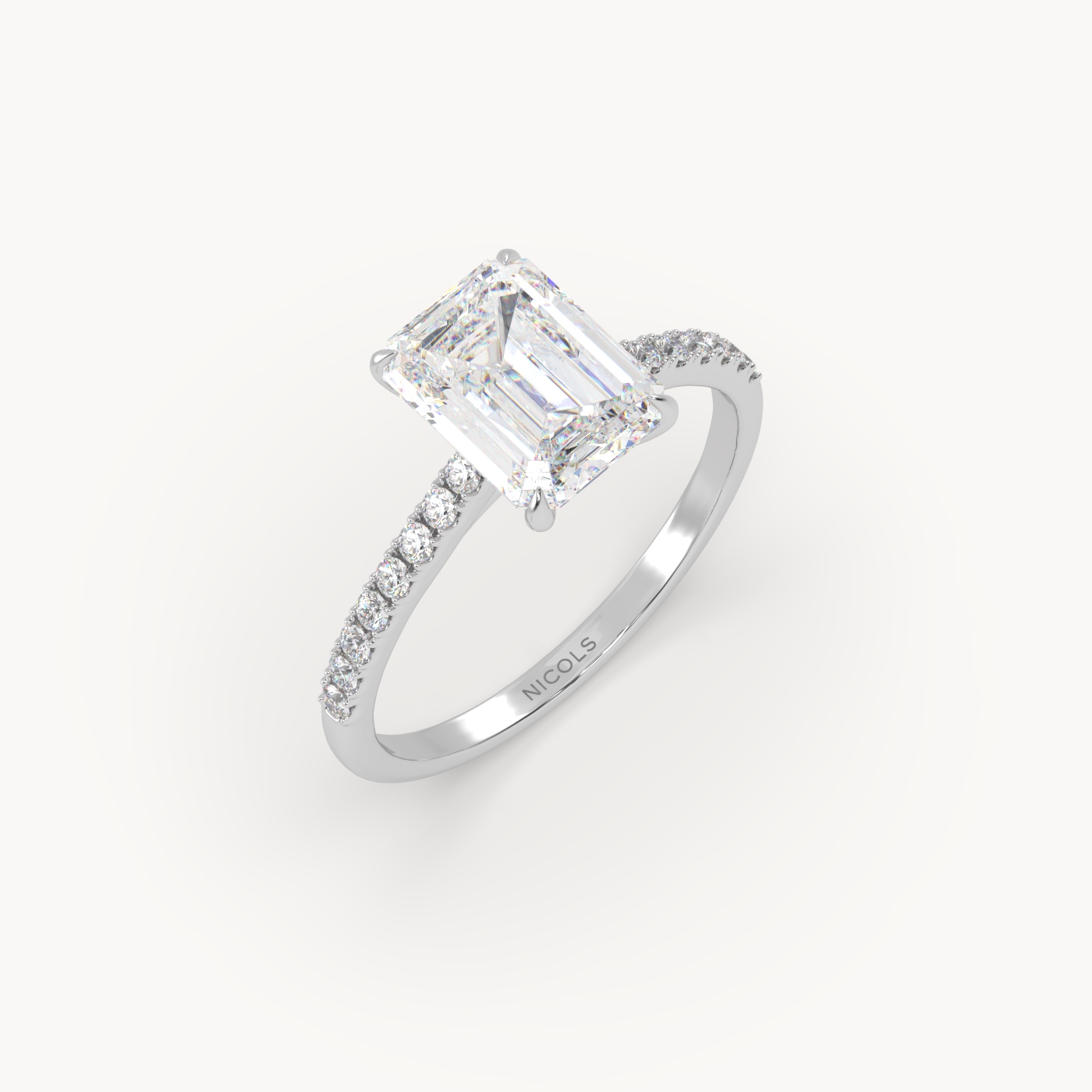 18k white gold  petite pavé cathedral engagement ring for 2.0 ct emerald cut diamond