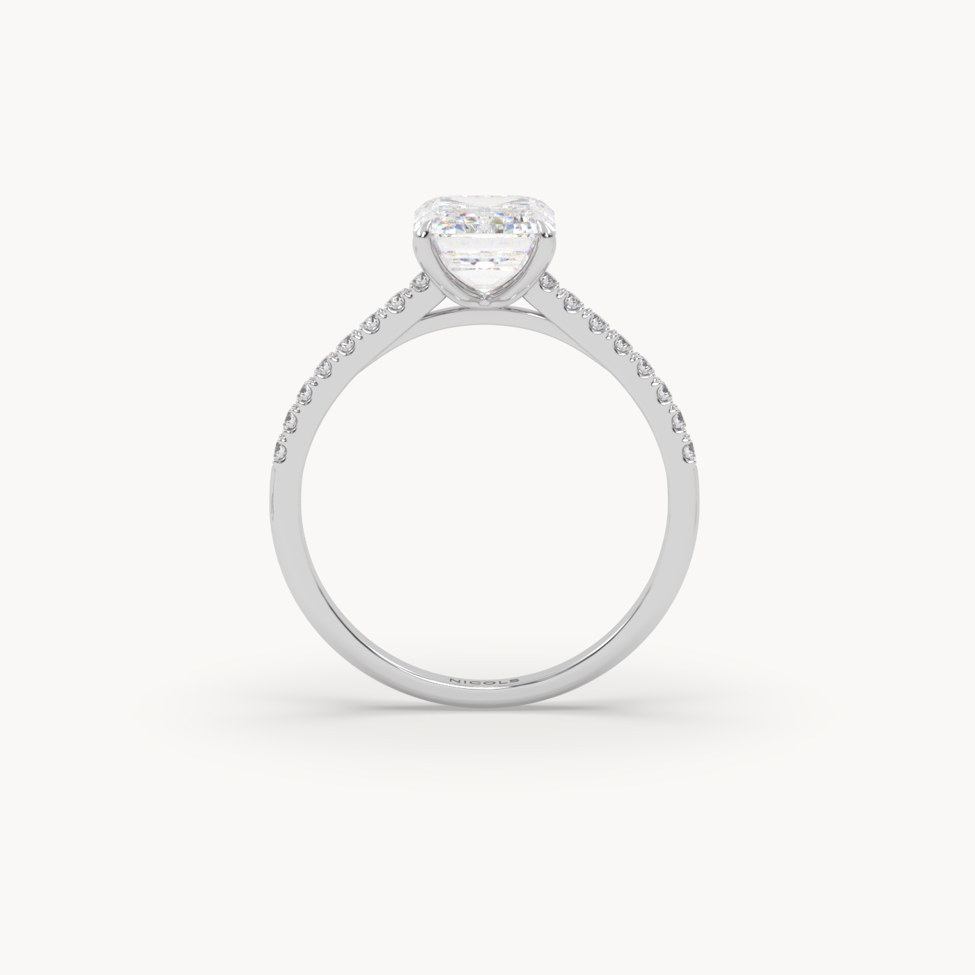 18k white gold  petite pavé cathedral engagement ring for 2.0 ct emerald cut diamond