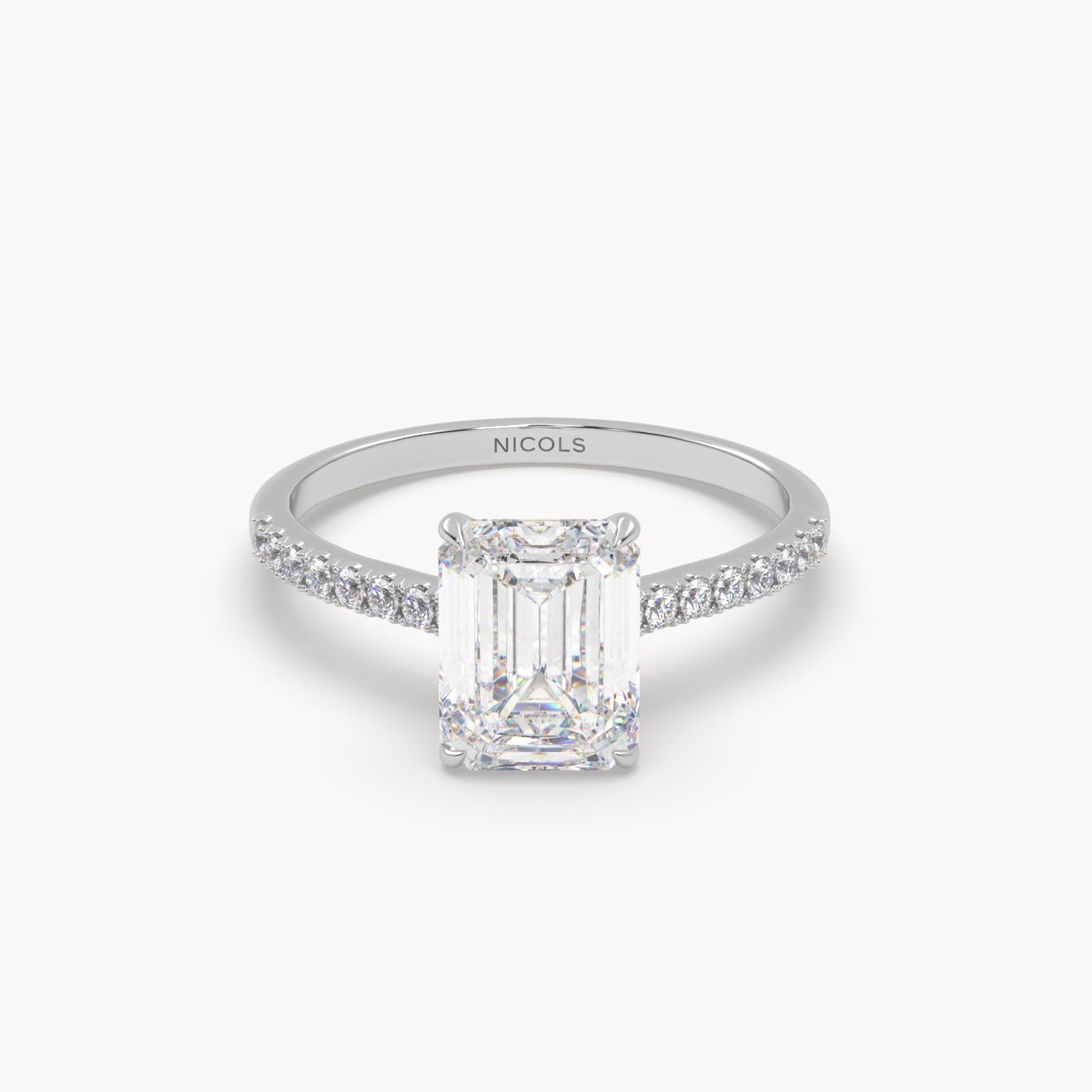 18k white gold  petite pavé cathedral engagement ring for 2.0 ct emerald cut diamond