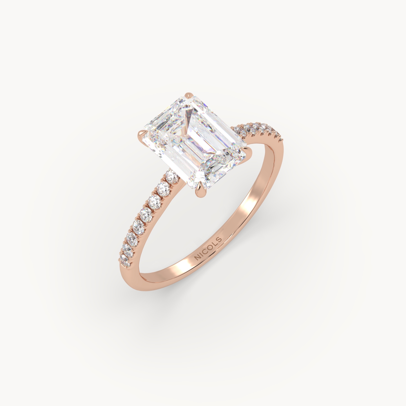 18k rose gold  petite pavé cathedral engagement ring for 2.0 ct emerald cut diamond