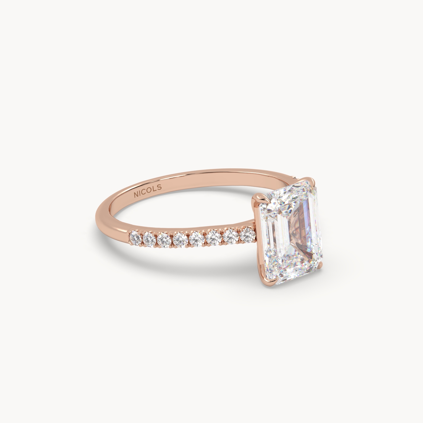 18k rose gold  petite pavé cathedral engagement ring for 2.0 ct emerald cut diamond