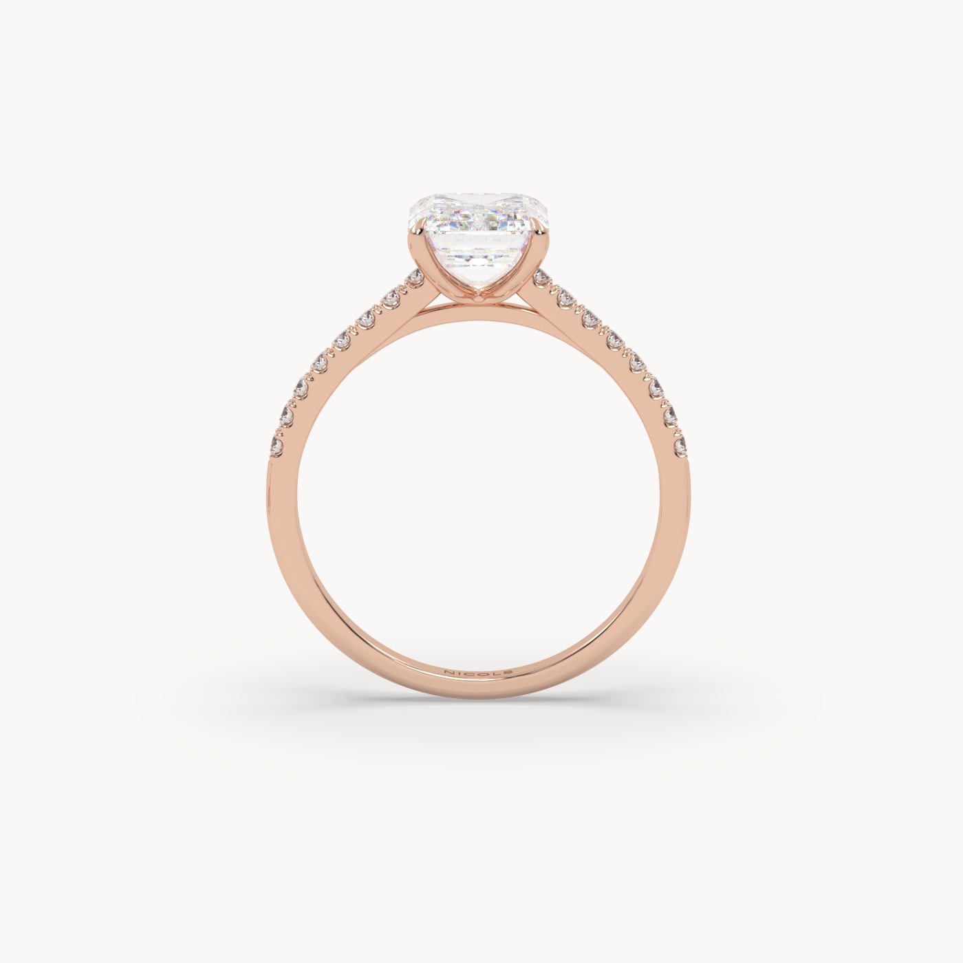 18k rose gold  petite pavé cathedral engagement ring for 2.0 ct emerald cut diamond