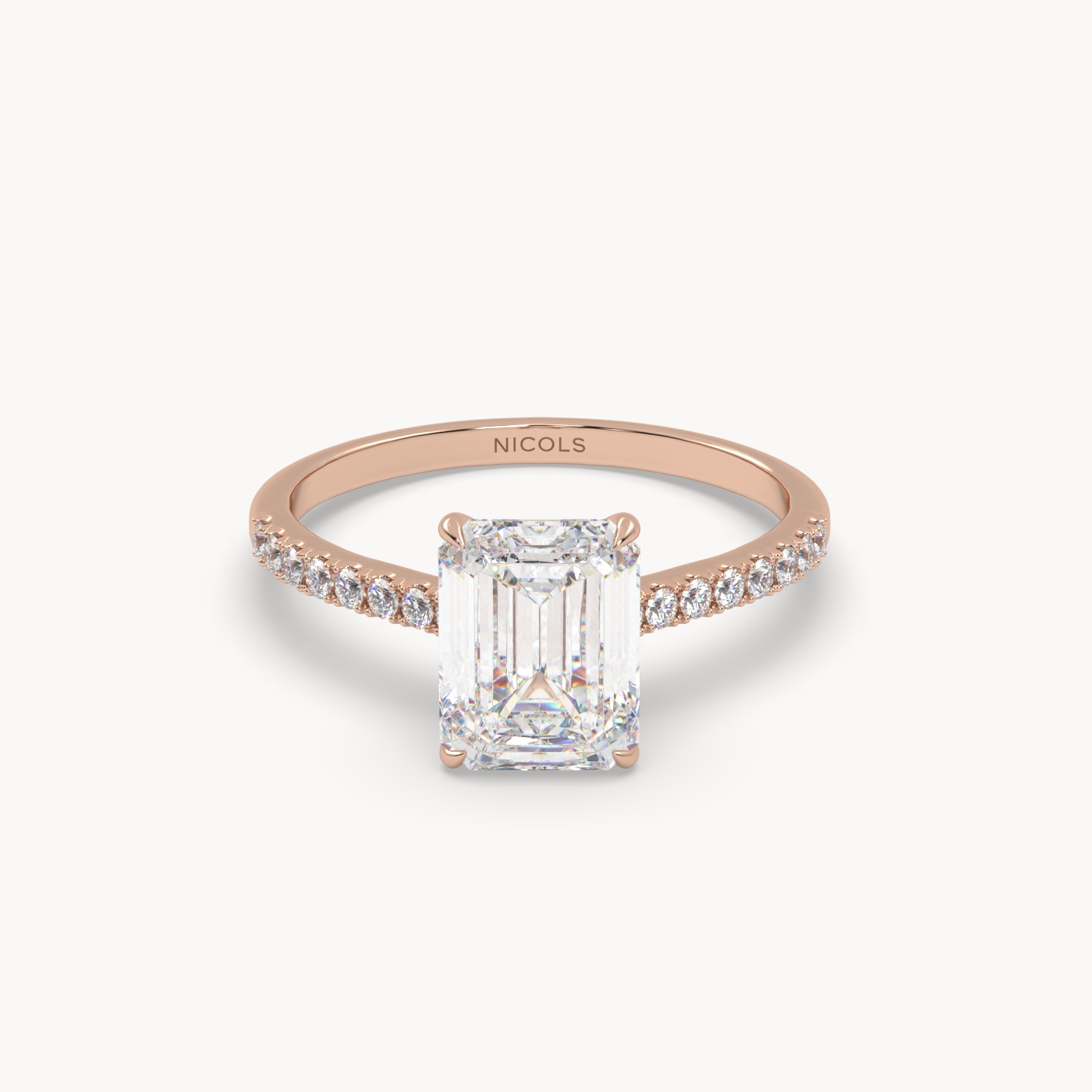 18k rose gold  petite pavé cathedral engagement ring for 2.0 ct emerald cut diamond