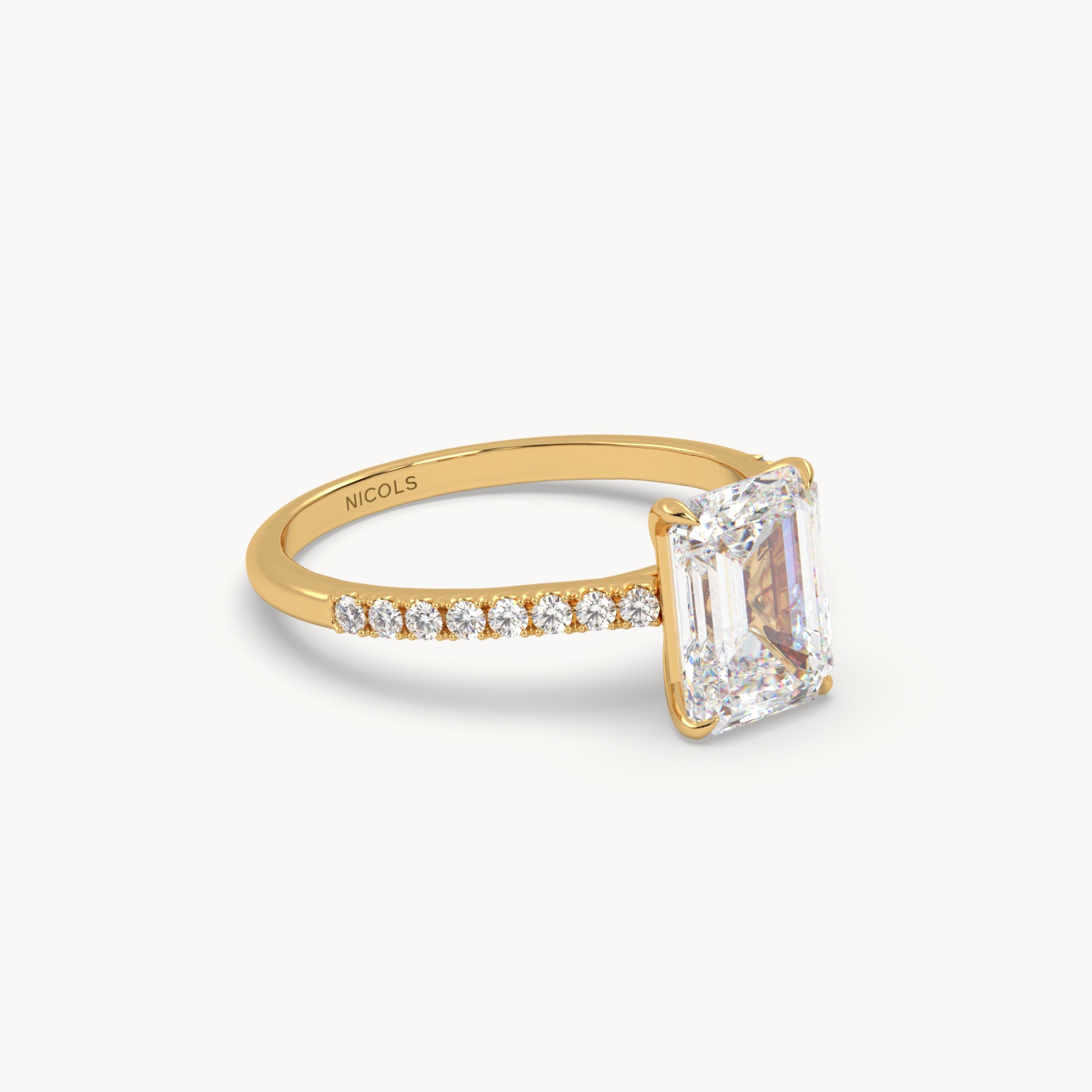 18k yellow gold  petite pavé cathedral engagement ring for 2.0 ct emerald cut diamond