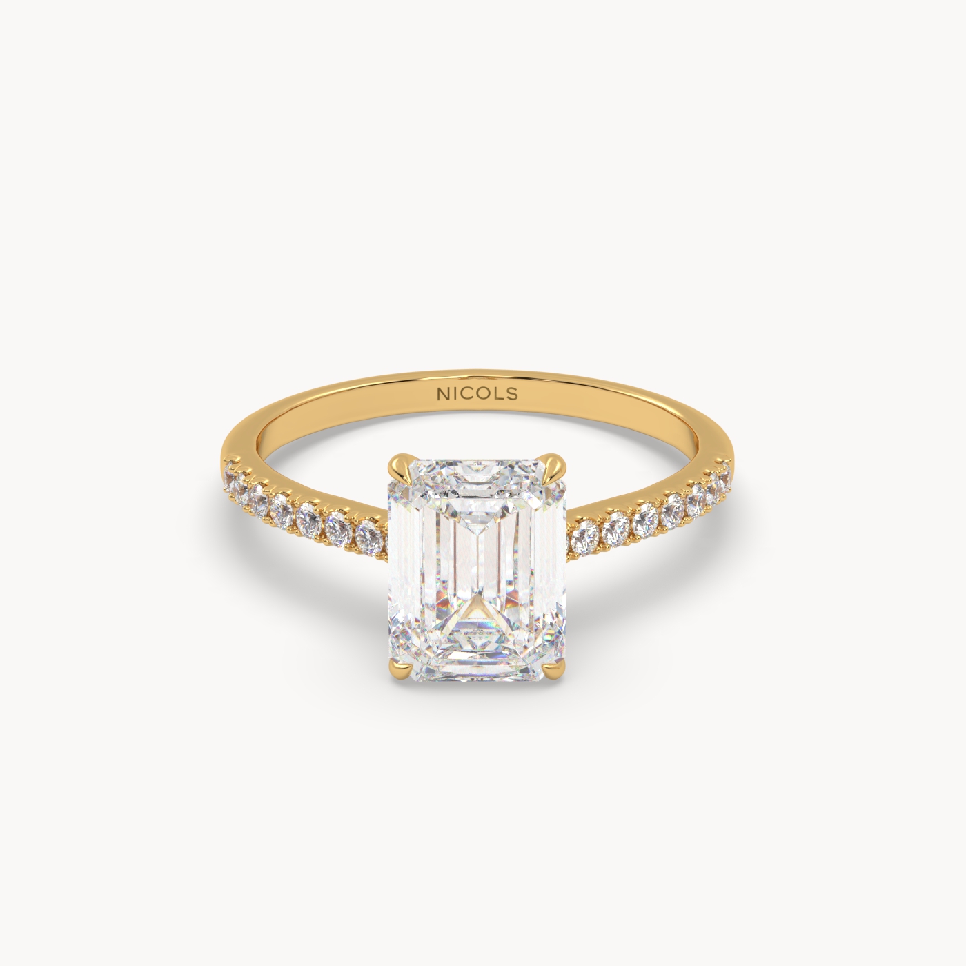 18k yellow gold  petite pavé cathedral engagement ring for 2.0 ct emerald cut diamond