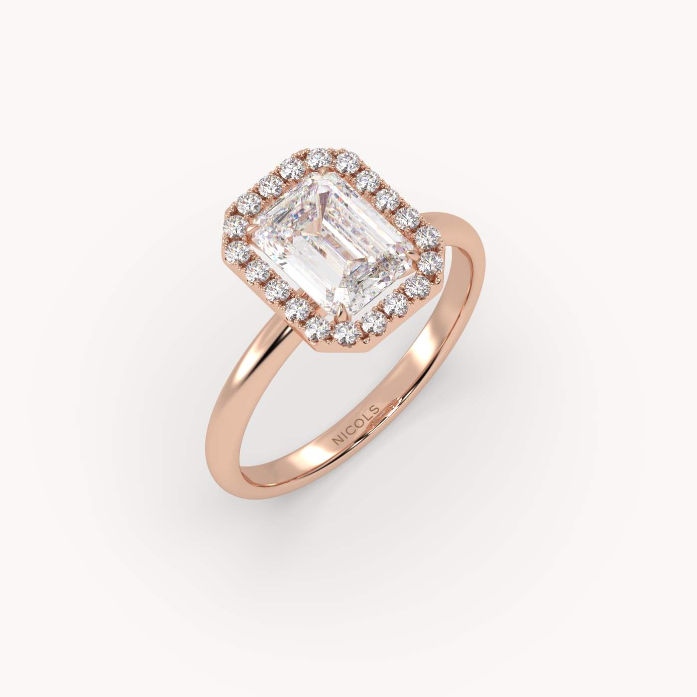 18K Rose Gold Emerald Halo Diamond Ring